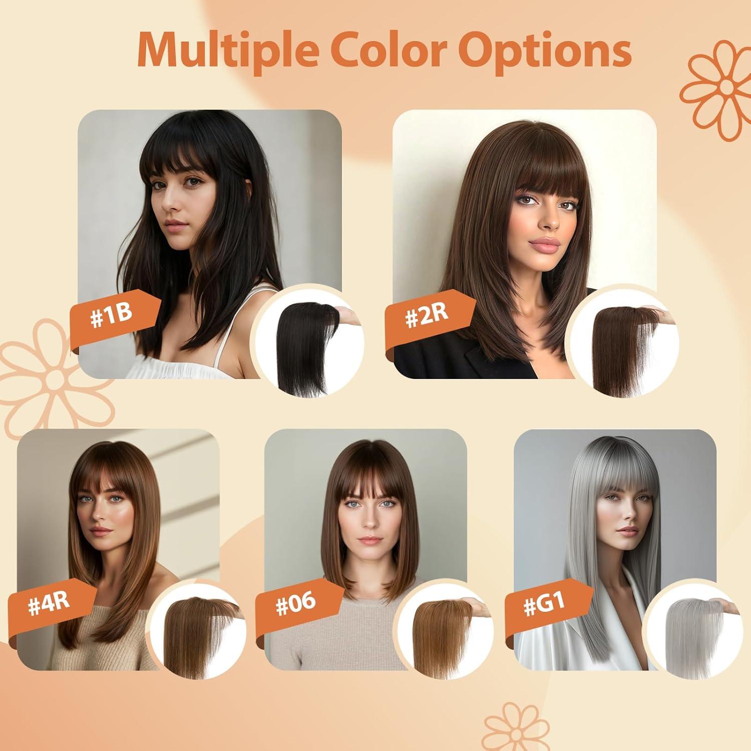image:imageSnoilite Cheveux Topper avec Frange 27g Sans Frange Cheveux Naturels Topper Clip in Chevelure Humains pour Femmes 3 Clips Invisible Chevelure Humains avec Base en Dentelle 25CM Chtain Moyen 4Brun Fonc 2RFrange