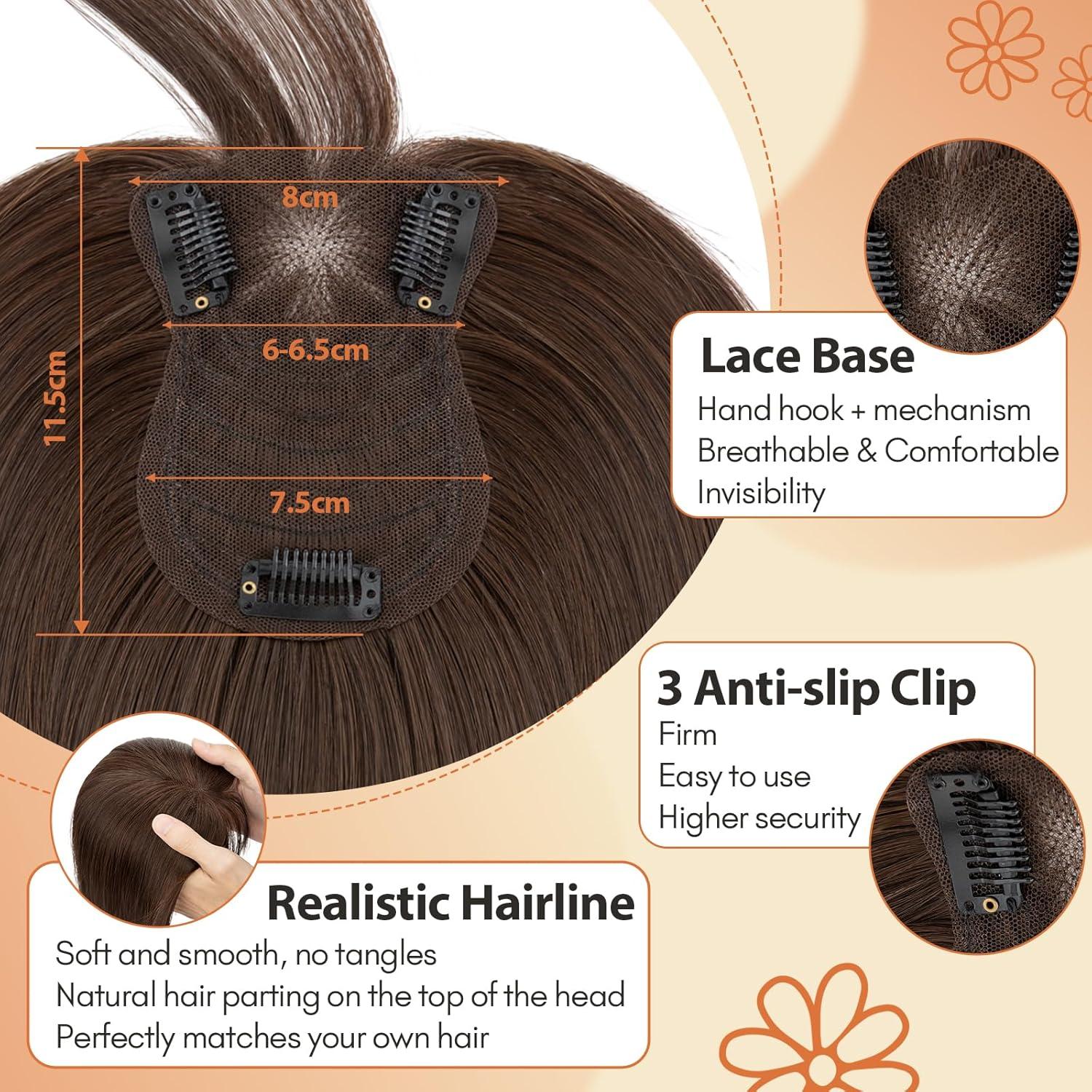 image:imageSnoilite Cheveux Topper avec Frange 27g Sans Frange Cheveux Naturels Topper Clip in Chevelure Humains pour Femmes 3 Clips Invisible Chevelure Humains avec Base en Dentelle 25CM Chtain Moyen 4Brun Fonc 2RFrange
