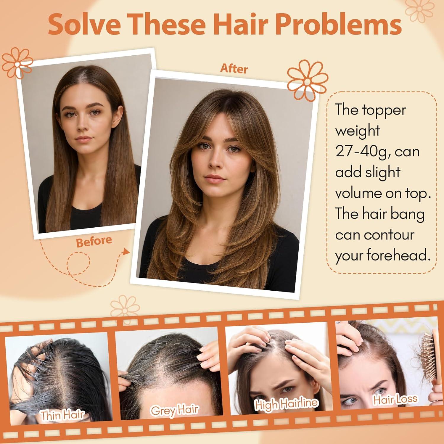 image:imageSnoilite Cheveux Topper avec Frange 27g Sans Frange Cheveux Naturels Topper Clip in Chevelure Humains pour Femmes 3 Clips Invisible Chevelure Humains avec Base en Dentelle 25CM Chtain Moyen 4Brun Fonc 2R