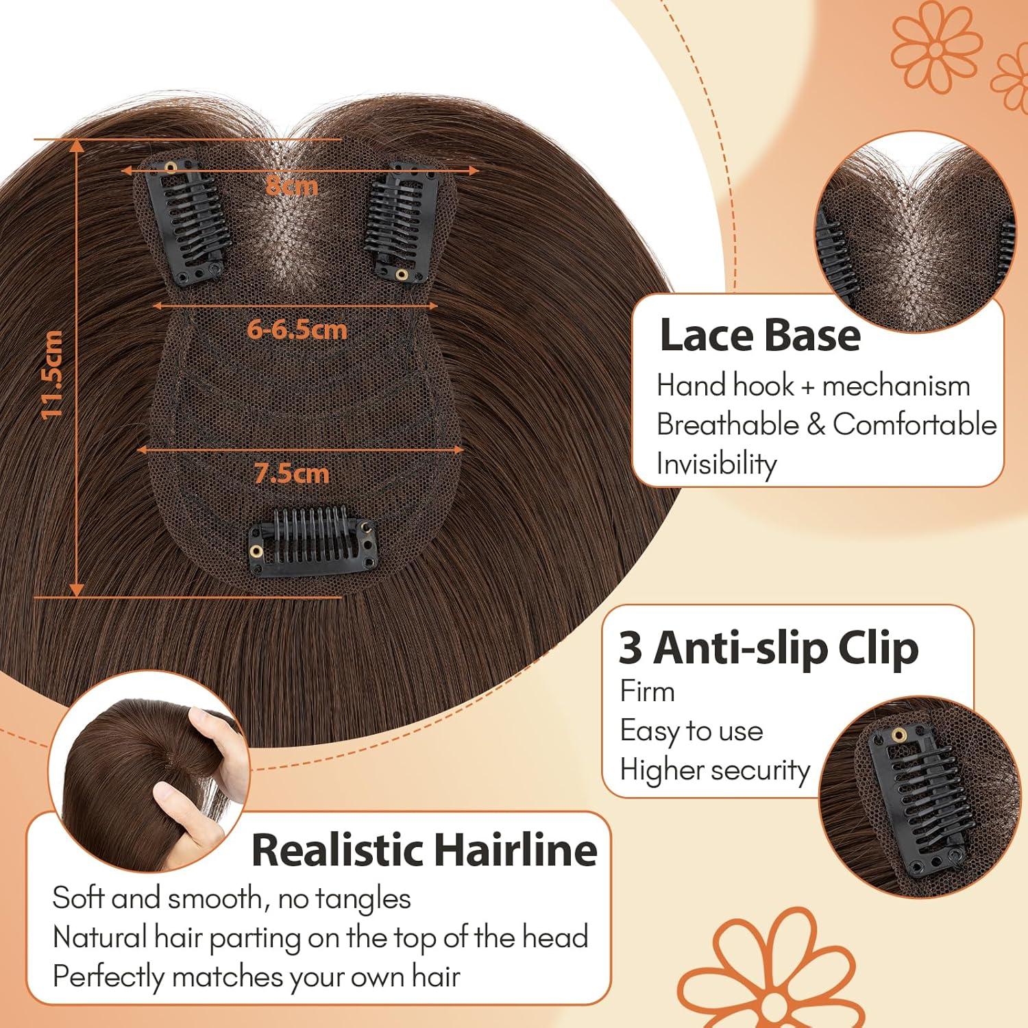 image:imageSnoilite Cheveux Topper avec Frange 27g Sans Frange Cheveux Naturels Topper Clip in Chevelure Humains pour Femmes 3 Clips Invisible Chevelure Humains avec Base en Dentelle 25CM Chtain Moyen 4Brun Fonc 2R
