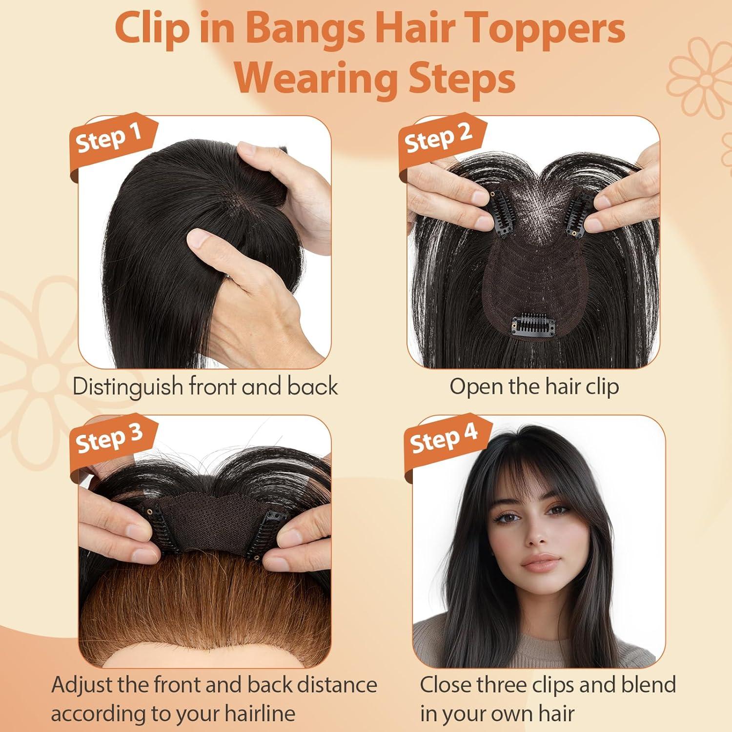 image:imageSnoilite Cheveux Topper avec Frange 27g Sans Frange Cheveux Naturels Topper Clip in Chevelure Humains pour Femmes 3 Clips Invisible Chevelure Humains avec Base en Dentelle 25CM Chtain Moyen 4Brun Fonc 2R