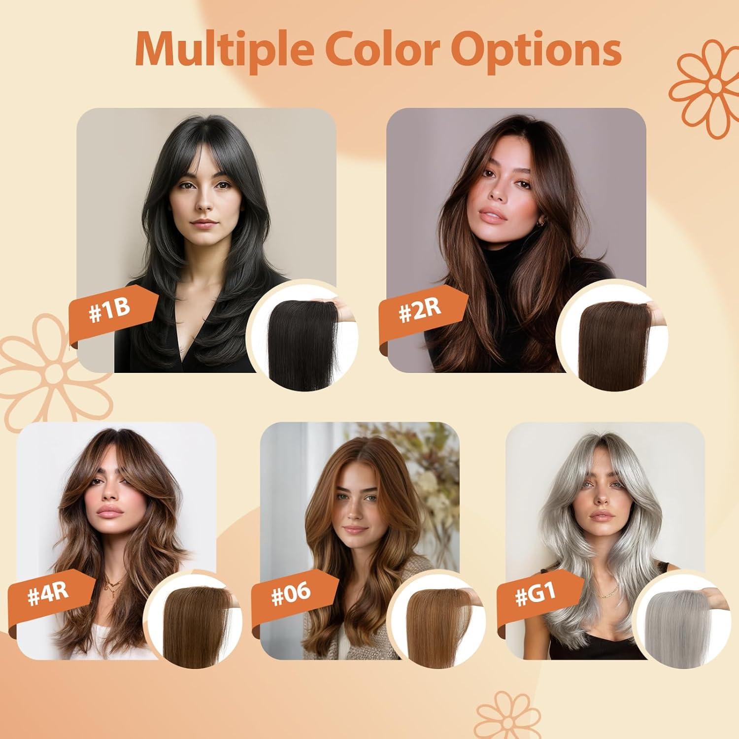 image:imageSnoilite Cheveux Topper avec Frange 27g Sans Frange Cheveux Naturels Topper Clip in Chevelure Humains pour Femmes 3 Clips Invisible Chevelure Humains avec Base en Dentelle 25CM Chtain Moyen 4Brun Fonc 2R