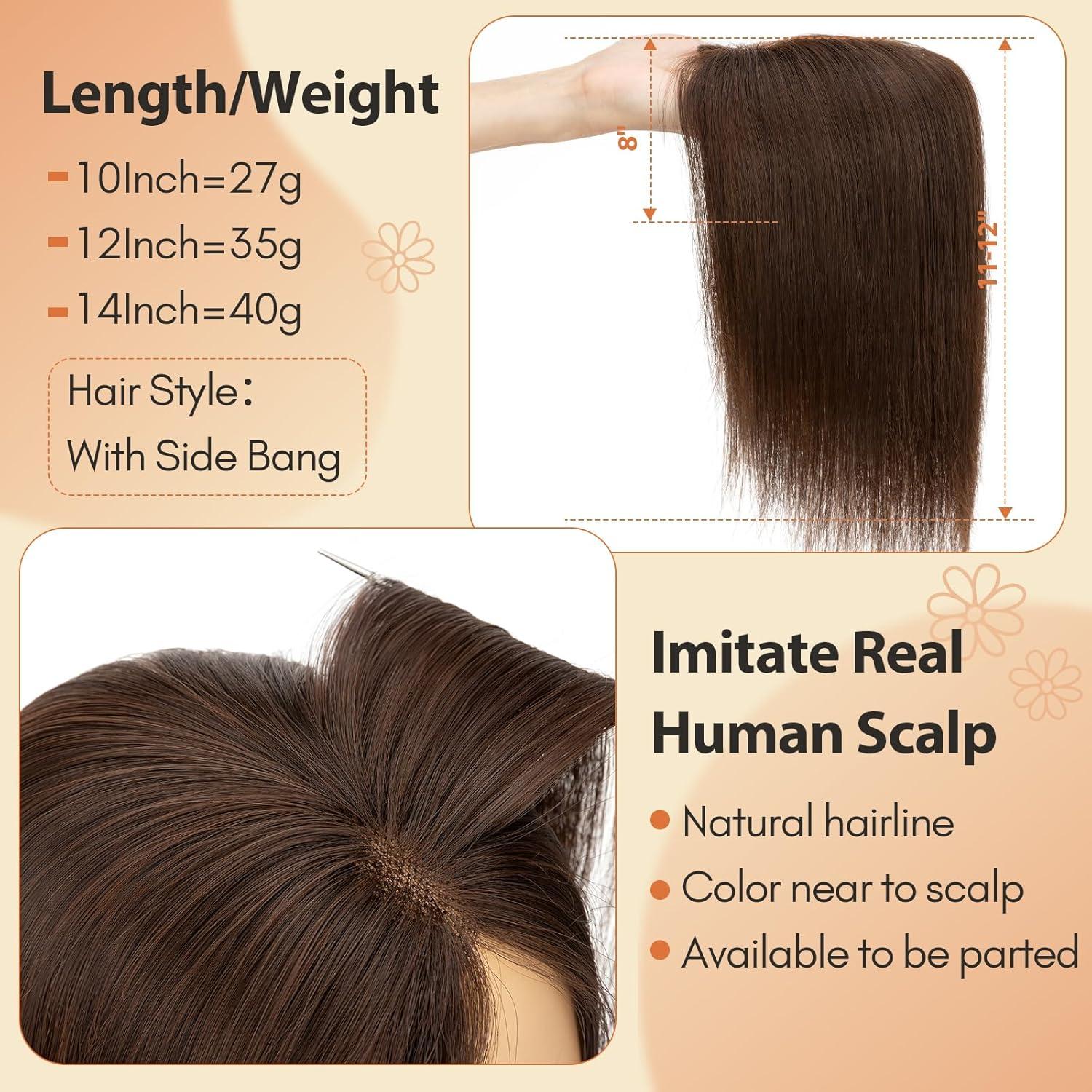 image:imageSnoilite Cheveux Topper avec Frange 27g Sans Frange Cheveux Naturels Topper Clip in Chevelure Humains pour Femmes 3 Clips Invisible Chevelure Humains avec Base en Dentelle 25CM Chtain Moyen 4Brun Fonc 2R
