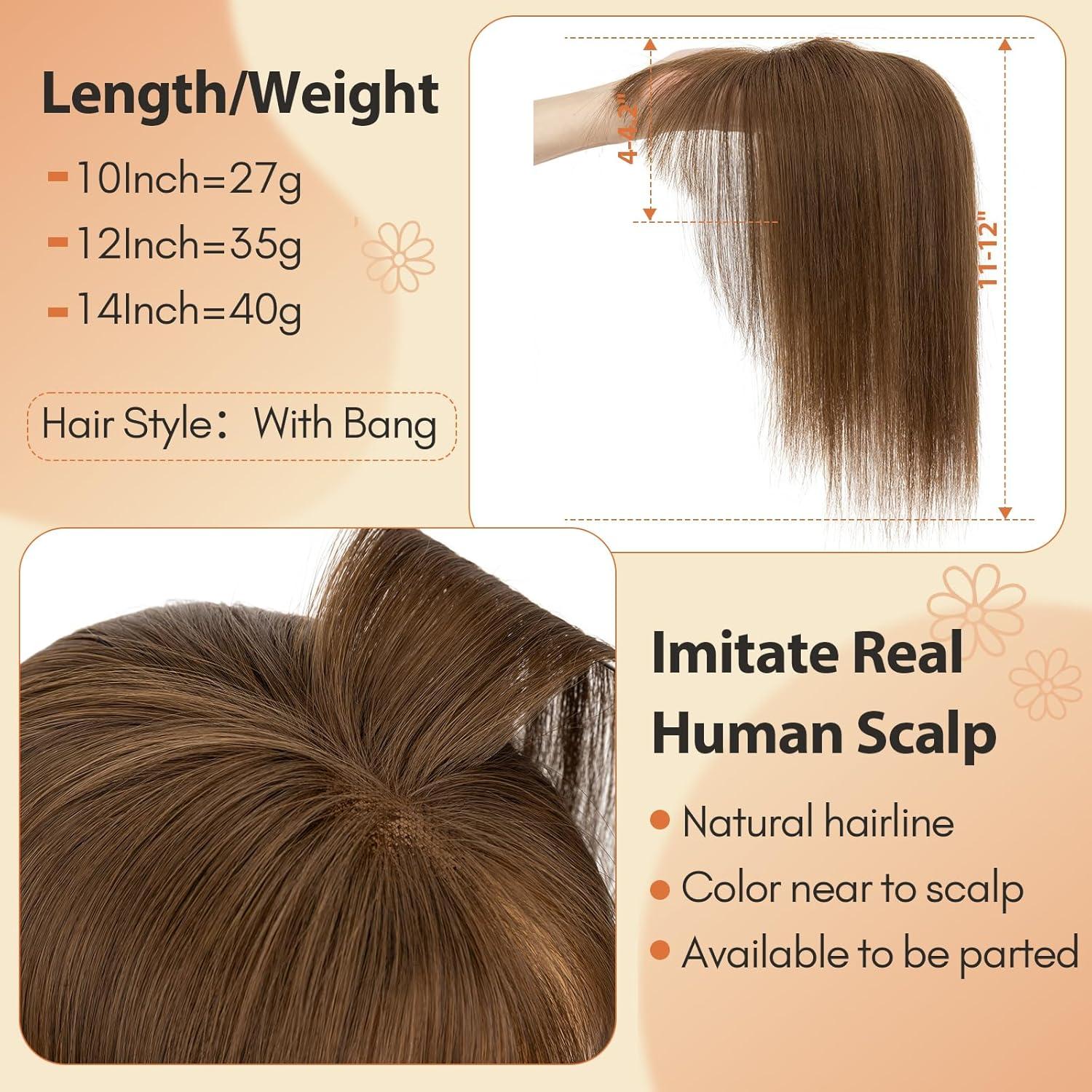 image:imageSnoilite Cheveux Topper avec Frange 27g Sans Frange Cheveux Naturels Topper Clip in Chevelure Humains pour Femmes 3 Clips Invisible Chevelure Humains avec Base en Dentelle 25CM Chtain Moyen 4Chtain Moyen 4RFrange