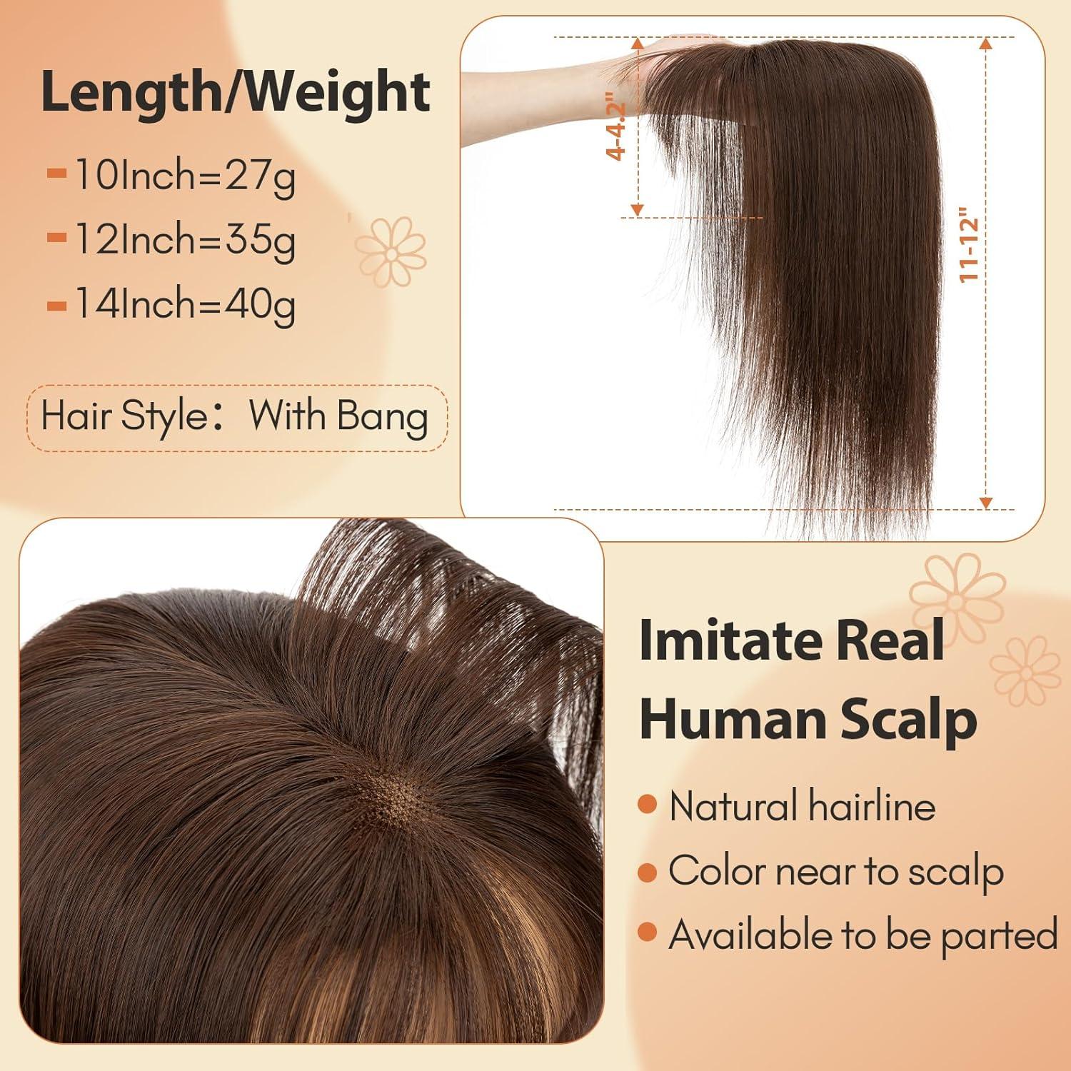 image:imageSnoilite Cheveux Topper avec Frange 27g Sans Frange Cheveux Naturels Topper Clip in Chevelure Humains pour Femmes 3 Clips Invisible Chevelure Humains avec Base en Dentelle 25CM Chtain Moyen 4Brun Fonc 2RFrange