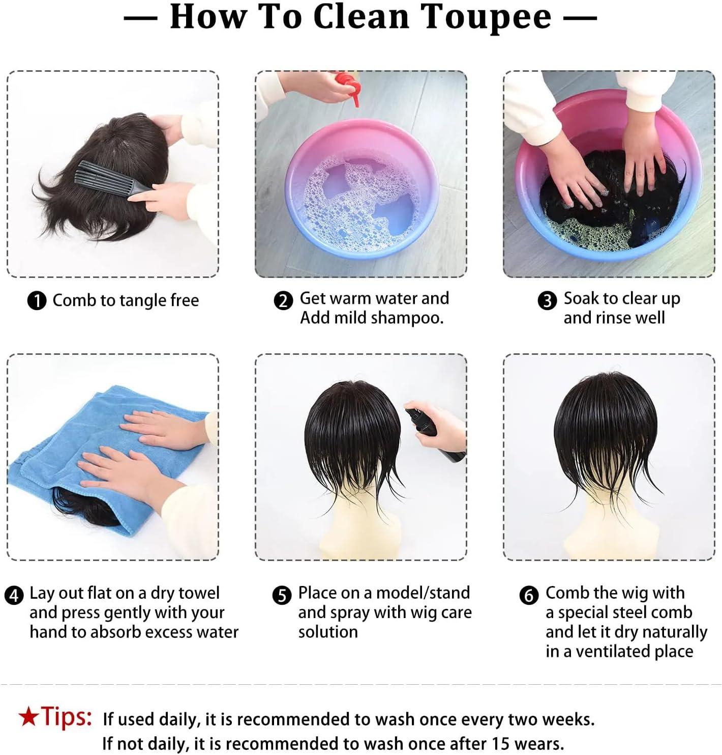 image:imageToupet Perruque en cheveux humains pour homme avec cheveux en polyurthane doux ondule 10 mm x 8 cm 1 noir de jet2 Brun fonc