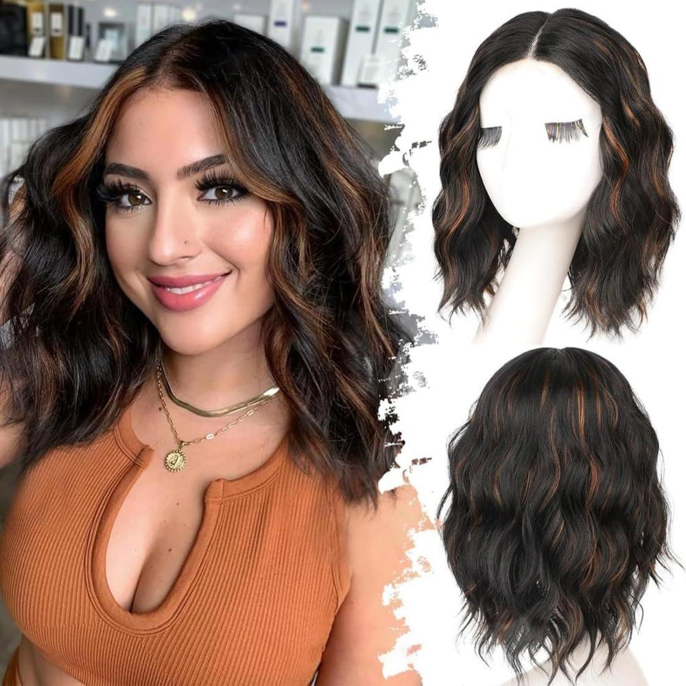 image:imageCourte Perruque Bob pour Femme Perruques Boucle Ondules Naturelles Longueur dpaule avec Partie Centrale Cheveux Synthtiques Rsistante  la Chaleur pour Quotidien CosplayNoir Blond