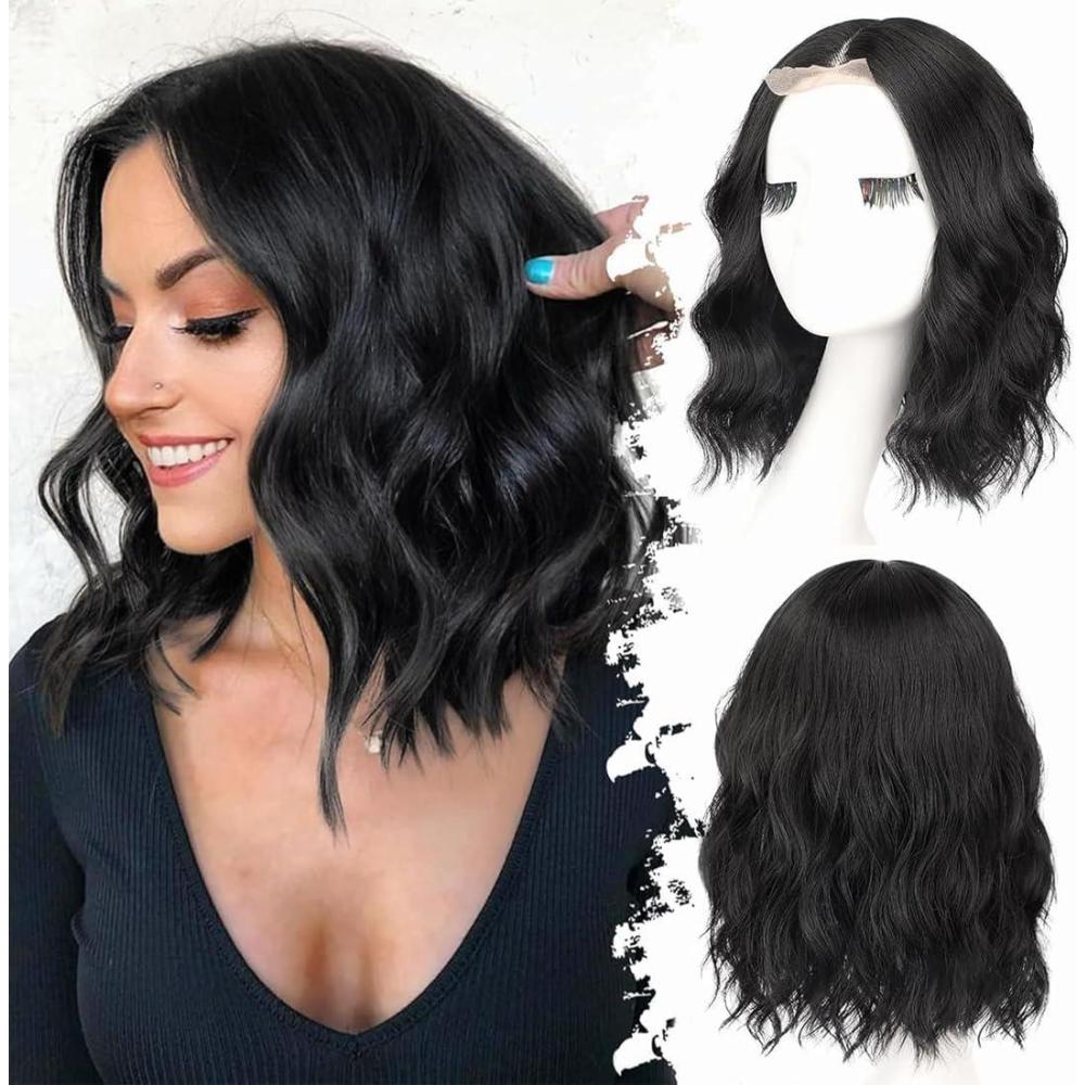image:imageCourte Perruque Bob pour Femme Perruques Boucle Ondules Naturelles Longueur dpaule avec Partie Centrale Cheveux Synthtiques Rsistante  la Chaleur pour Quotidien CosplayNoir