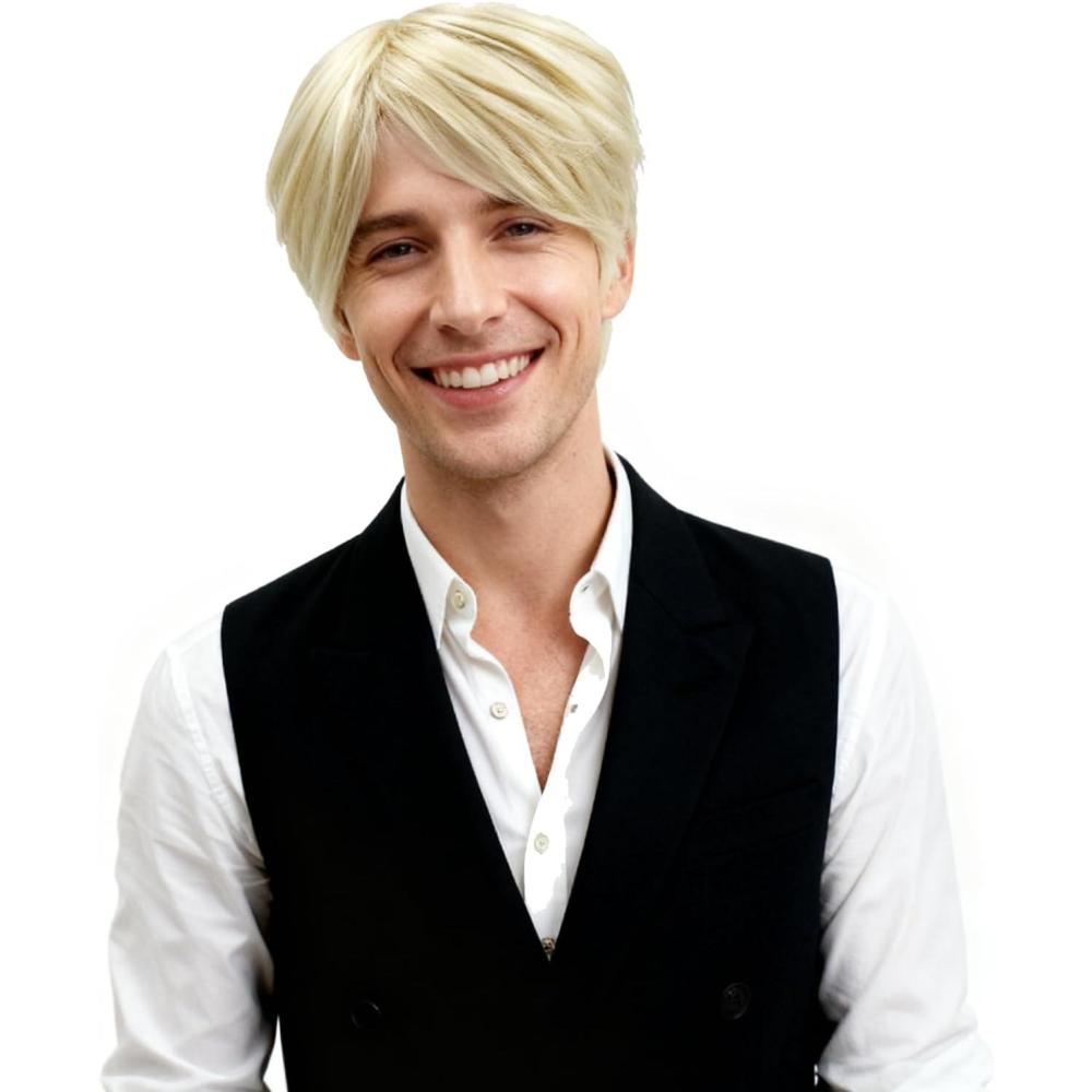 image:imageCourte Perruque pour Homme Perruque de Mec Blonde Cheveux Courts Postiche Naturelle Moelleuse avec Frange pour Hommes Carnaval Costume de Fte Quotidien Rock Star Soire Thme OrOr
