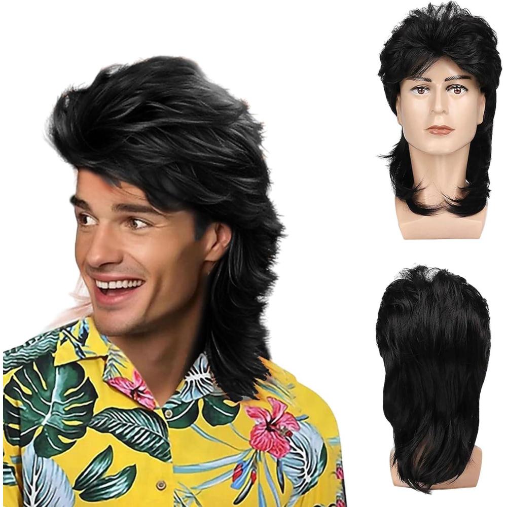image:imageLongue Noir Mulet Perruque Homme des Annes 80 Perruque Rock Cheveux 70s 80s Popstar Perruque Rocker Disco Dguisement Homme pour Carnaval Halloween Thme Cosplay NoirNoir