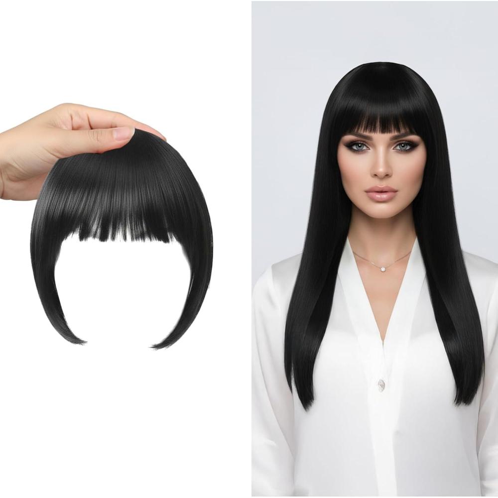 image:imageLot de 2 extensions de cheveux franges ares pour femme Clip in frange avec tempes Noir naturel Pour un usage quotidien et pour le coiffage