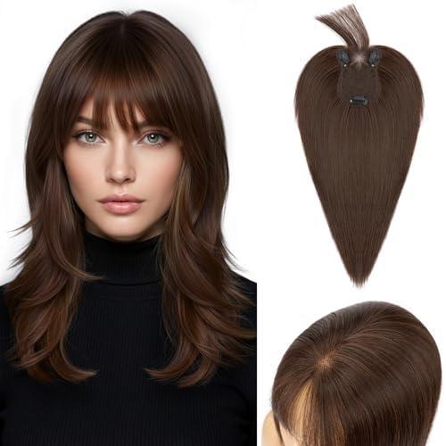 image:imageSnoilite Cheveux Topper avec Frange 27g Sans Frange Cheveux Naturels Topper Clip in Chevelure Humains pour Femmes 3 Clips Invisible Chevelure Humains avec Base en Dentelle 25CM Chtain Moyen 4Brun Fonc 2RFrange