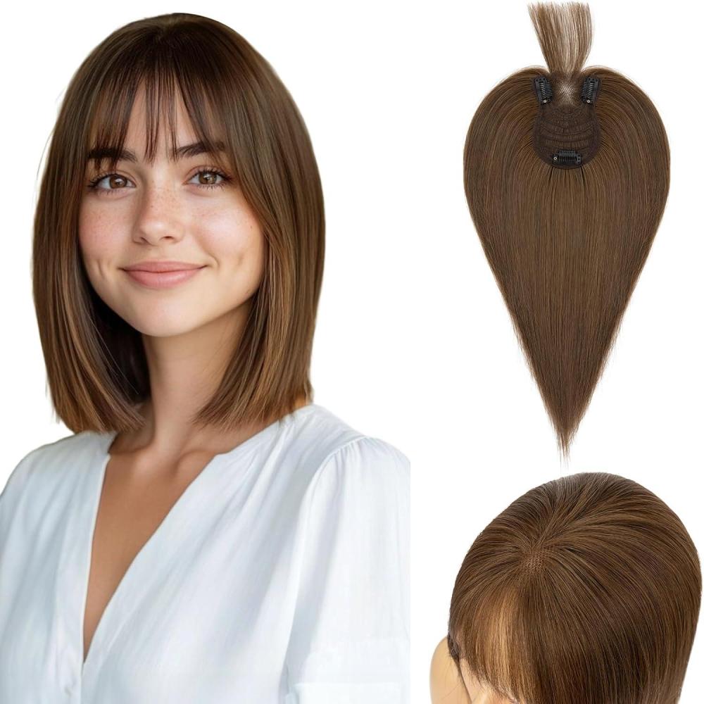 image:imageSnoilite Cheveux Topper avec Frange 27g Sans Frange Cheveux Naturels Topper Clip in Chevelure Humains pour Femmes 3 Clips Invisible Chevelure Humains avec Base en Dentelle 25CM Chtain Moyen 4Chtain Moyen 4RFrange