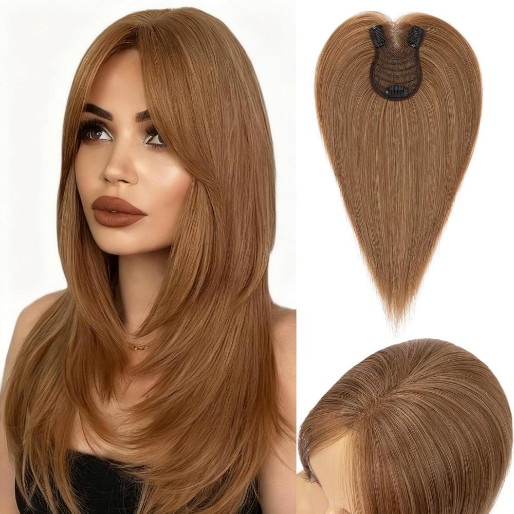 image:imageSnoilite Cheveux Topper avec Frange 27g Sans Frange Cheveux Naturels Topper Clip in Chevelure Humains pour Femmes 3 Clips Invisible Chevelure Humains avec Base en Dentelle 25CM Chtain Moyen 4Chtain Clair 6R