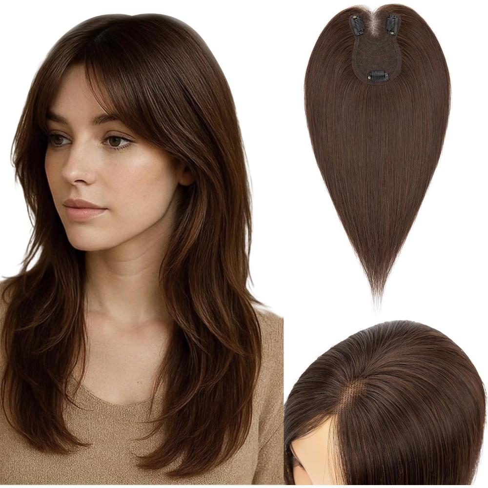 image:imageSnoilite Cheveux Topper avec Frange 27g Sans Frange Cheveux Naturels Topper Clip in Chevelure Humains pour Femmes 3 Clips Invisible Chevelure Humains avec Base en Dentelle 25CM Chtain Moyen 4Brun Fonc 2R
