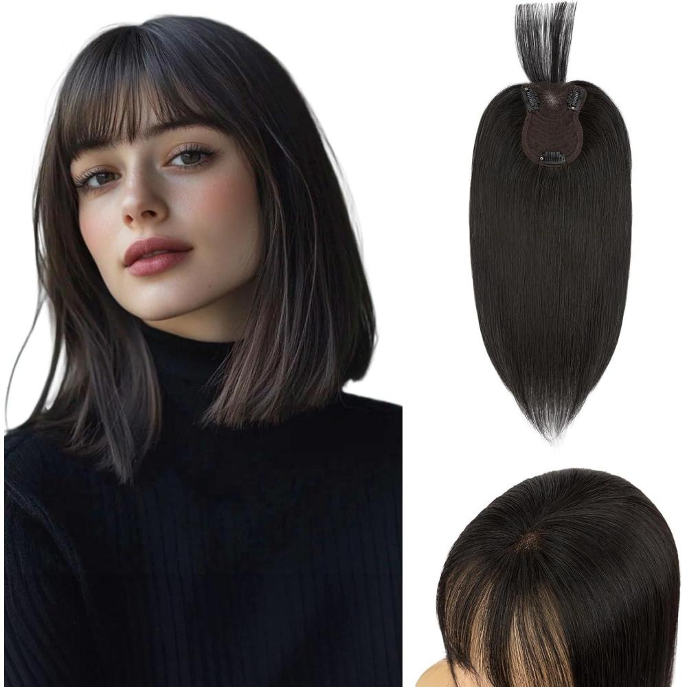 image:imageSnoilite Cheveux Topper avec Frange 27g Sans Frange Cheveux Naturels Topper Clip in Chevelure Humains pour Femmes 3 Clips Invisible Chevelure Humains avec Base en Dentelle 25CM Chtain Moyen 4Noir Naturel 1BFrange