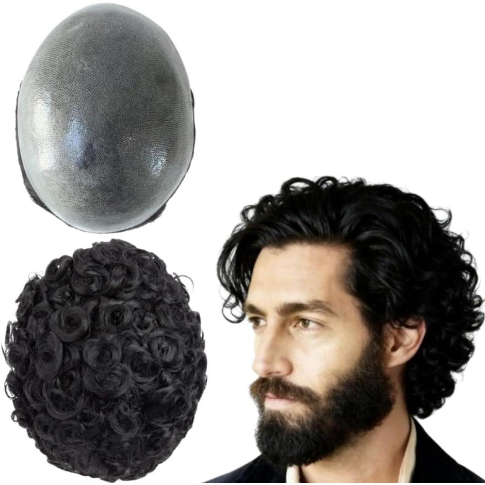 image:imageToupet Perruque en cheveux humains pour homme avec cheveux en polyurthane doux ondule 10 mm x 8 cm 1 noir de jet1 noir de jais