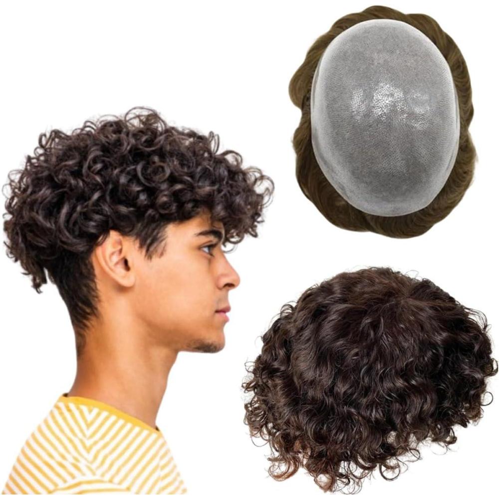 image:imageToupet Perruque en cheveux humains pour homme avec cheveux en polyurthane doux ondule 10 mm x 8 cm 1 noir de jet2 Brun fonc