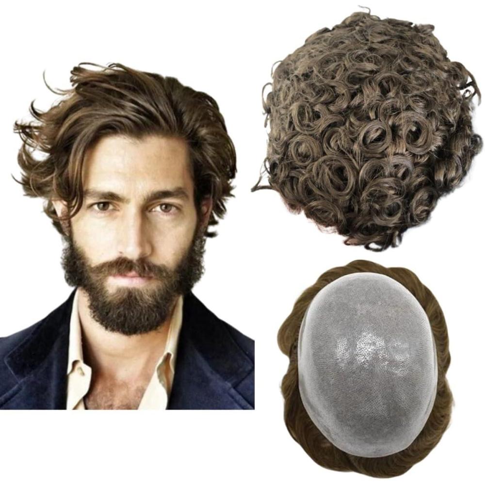 image:imageToupet Perruque en cheveux humains pour homme avec cheveux en polyurthane doux ondule 10 mm x 8 cm 1 noir de jet4 Brun clair