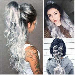 26 Pouces Perruques Argent Longues pour Femmes Cheveux Naturels Synthétiques Perruque Argent Ombre avec Racines Foncées Perruque Synthétique Perruques Loose Wavy Résistant à la Chaleur(Gris argenté)