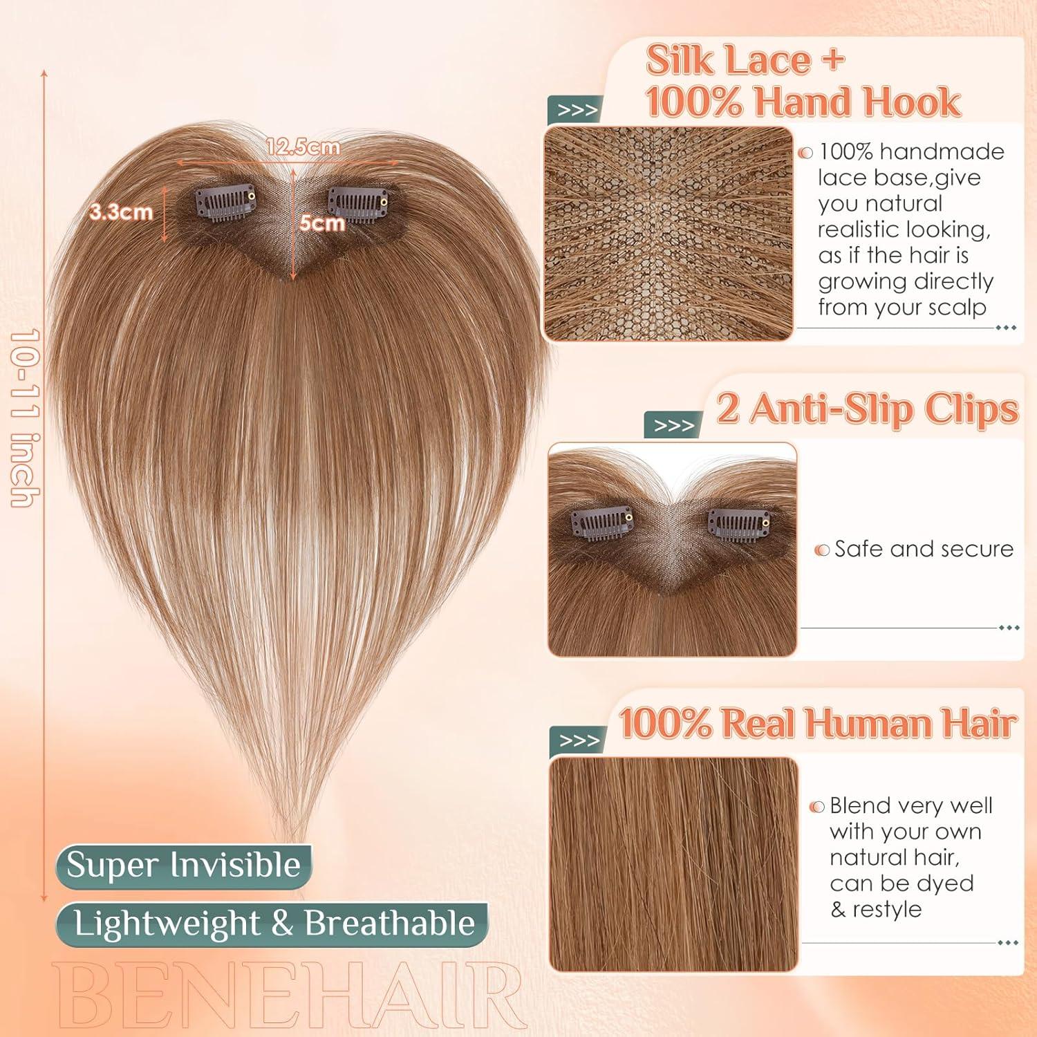 image:imageBenehair Topper de Vrais Cheveux pour Femme 100 Humain Chevelure Frange Latrale 9g Toppers pour aux Cheveux Fins 5x12 Base de Dentelle Vrais Chevelure Pince Brun Moka 2RBrun Clair 6