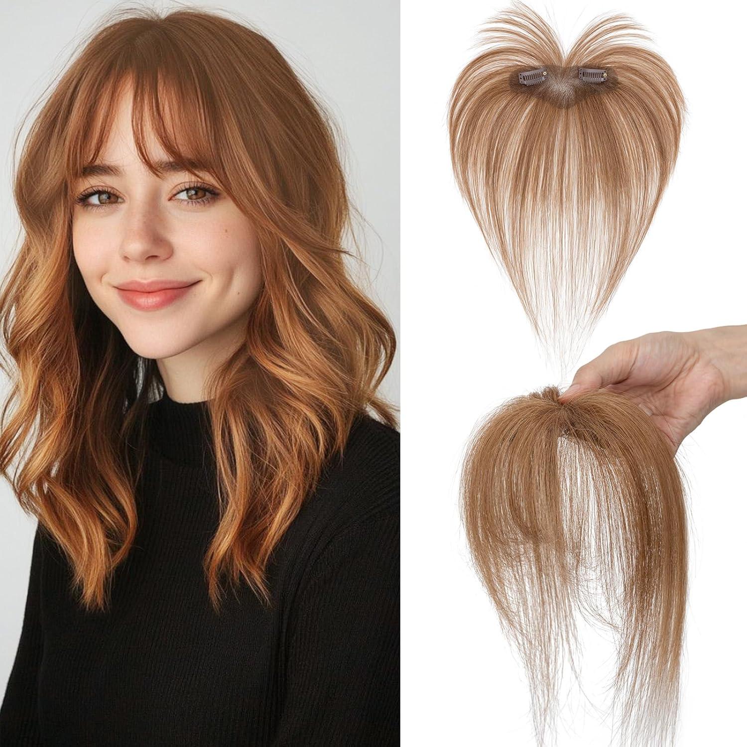 image:imageBenehair Topper de Vrais Cheveux pour Femme 100 Humain Chevelure Frange Latrale 9g Toppers pour aux Cheveux Fins 5x12 Base de Dentelle Vrais Chevelure Pince Brun Moka 2RBrun Clair 6