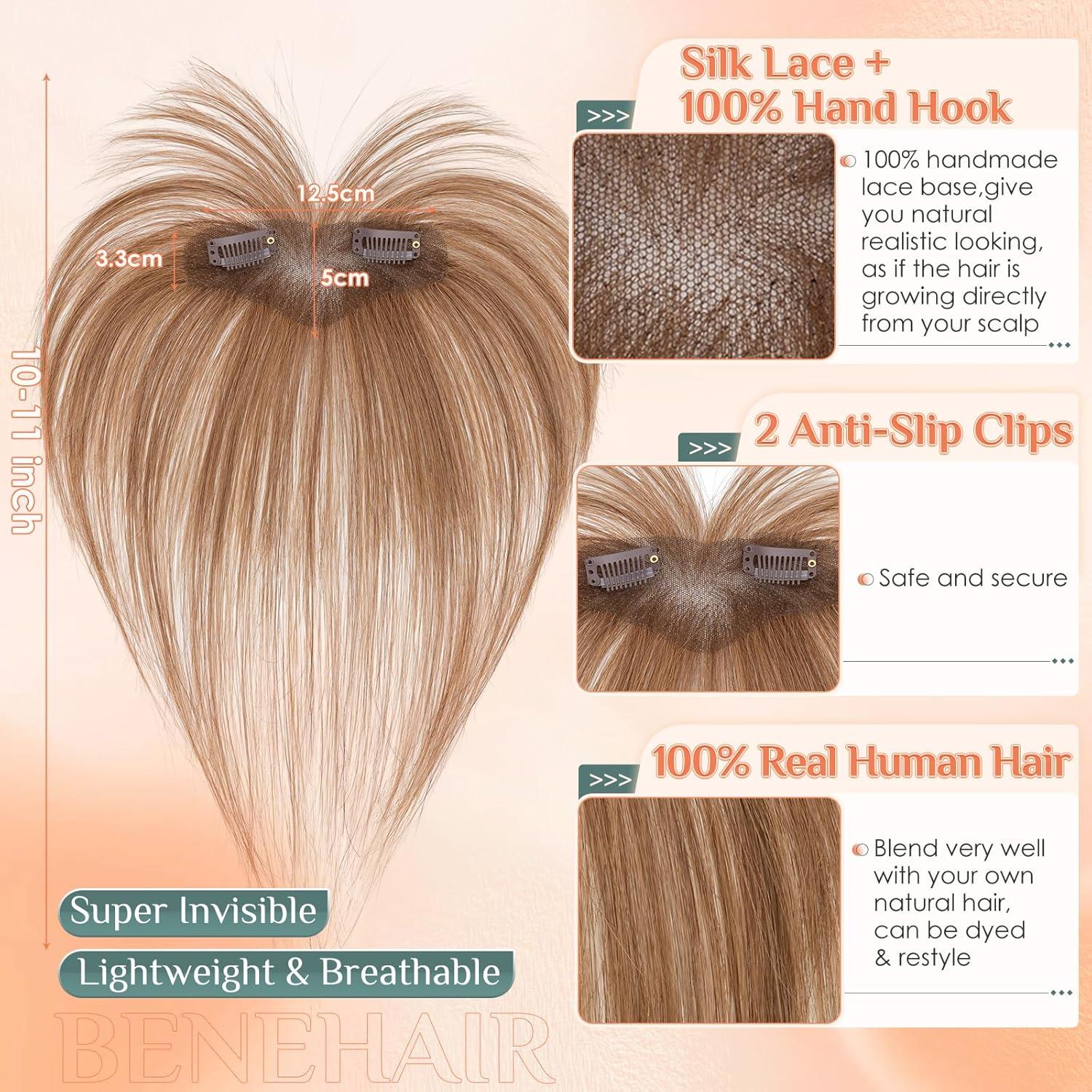 image:imageBenehair Topper de Vrais Cheveux pour Femme 100 Humain Chevelure Frange Latrale 9g Toppers pour aux Cheveux Fins 5x12 Base de Dentelle Vrais Chevelure Pince Brun Moka 2RBrun Clair 6