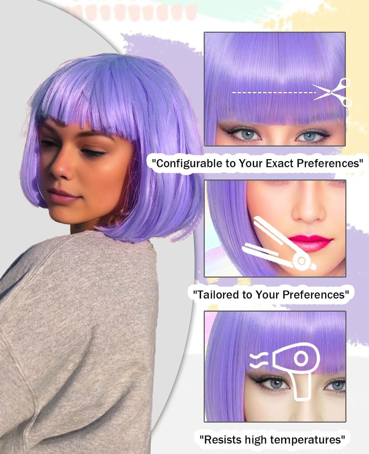 image:imageCreamily Perruques courtes au carr de 25 cm lisses avec frange plate synthtiques colores cosplay fte femmes naturelles comme vrais cheveux bonnet perruque gratuit NoirViolet
