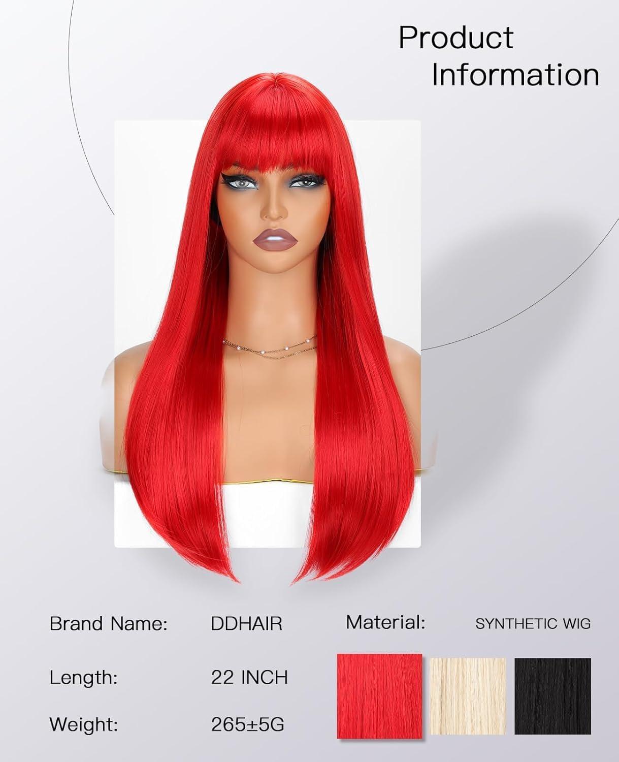 image:imageCreamily Perruques courtes au carr de 25 cm lisses avec frange plate synthtiques colores cosplay fte femmes naturelles comme vrais cheveux bonnet perruque gratuit NoirRouge Longue