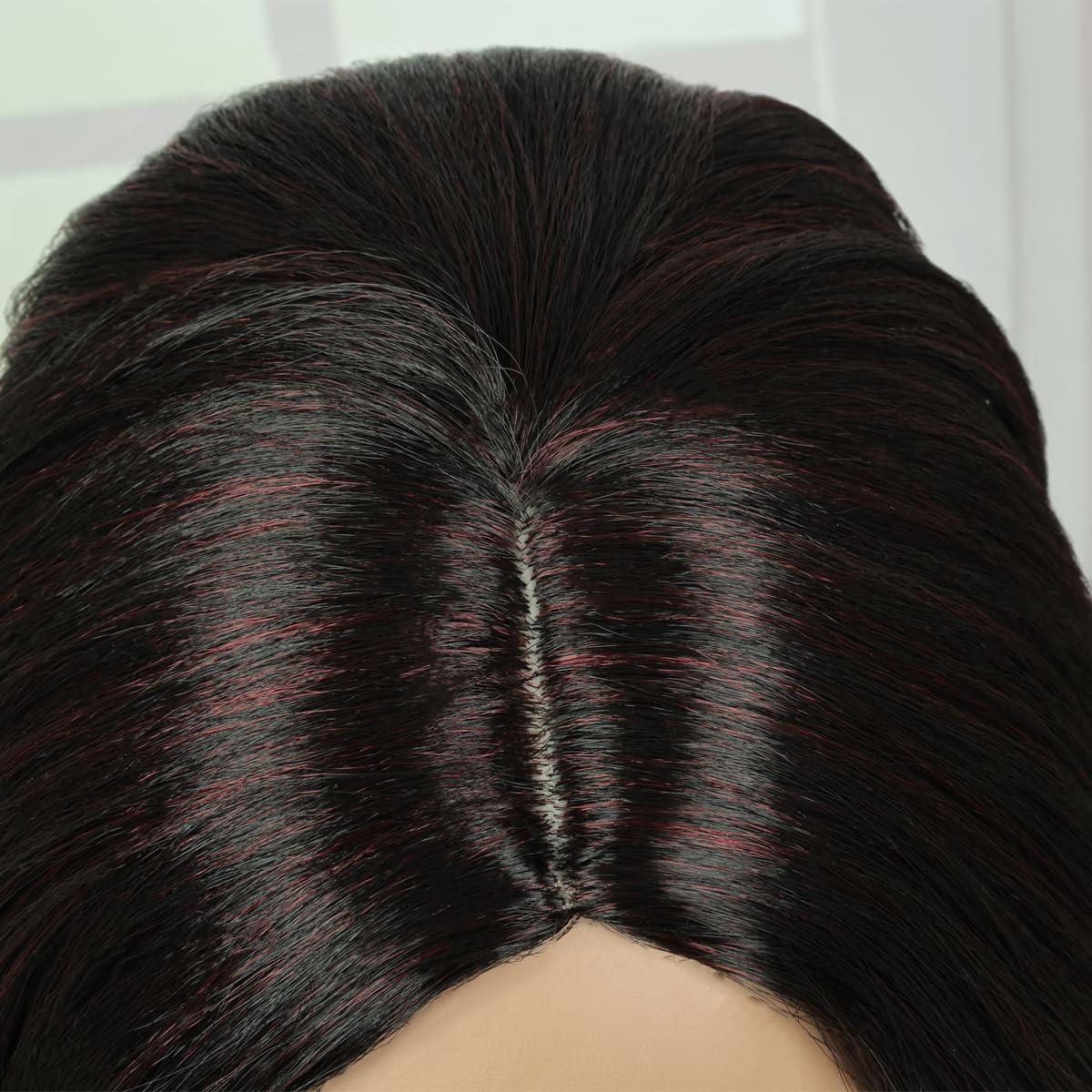 image:imageCreamily Perruques courtes au carr de 25 cm lisses avec frange plate synthtiques colores cosplay fte femmes naturelles comme vrais cheveux bonnet perruque gratuit NoirNoir bordeaux