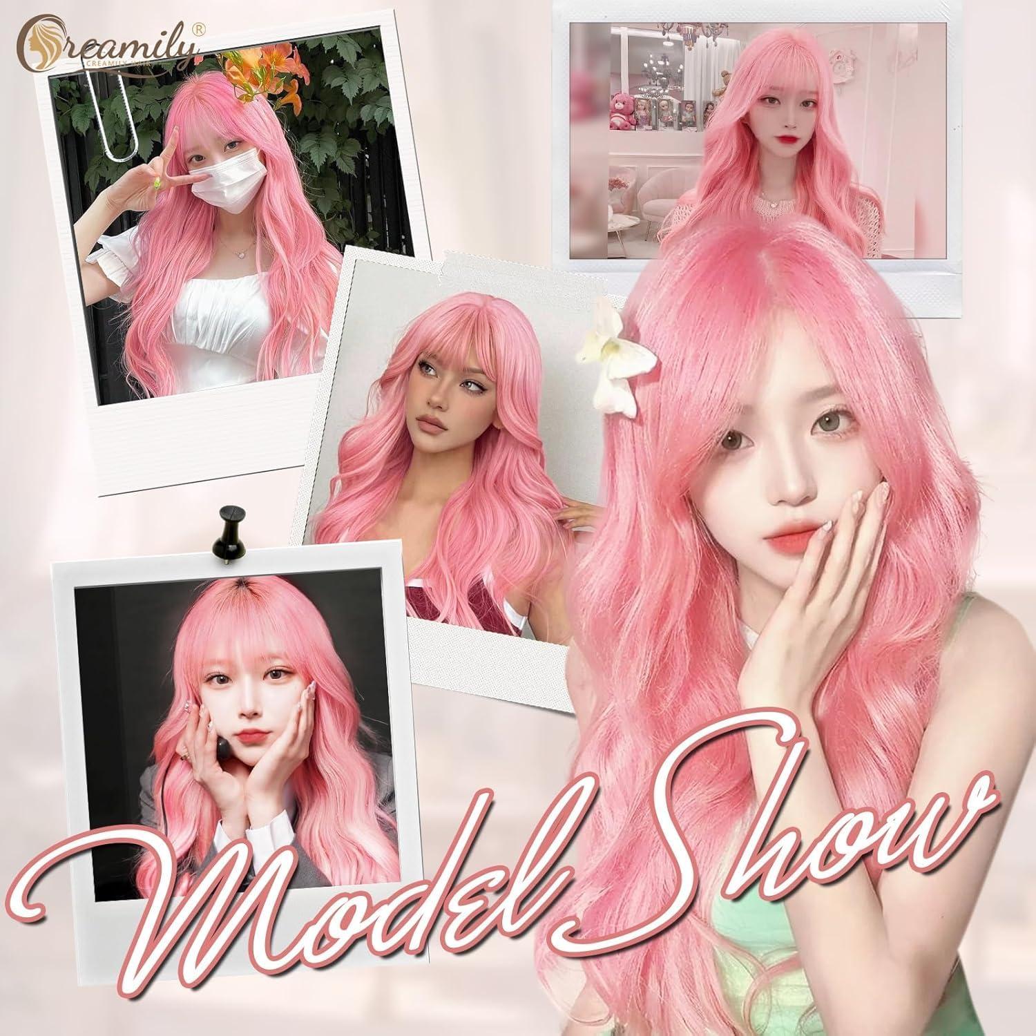 image:imageCreamily Perruques courtes au carr de 25 cm lisses avec frange plate synthtiques colores cosplay fte femmes naturelles comme vrais cheveux bonnet perruque gratuit NoirRose Ondul