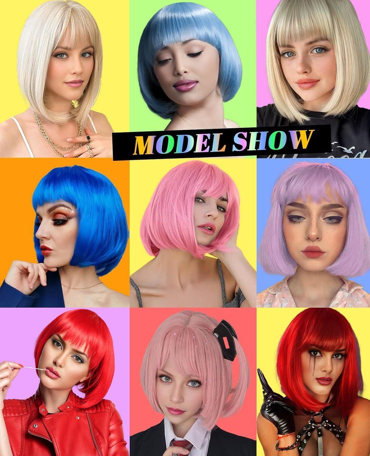 image:imageCreamily Perruques courtes au carr de 25 cm lisses avec frange plate synthtiques colores cosplay fte femmes naturelles comme vrais cheveux bonnet perruque gratuit NoirViolet
