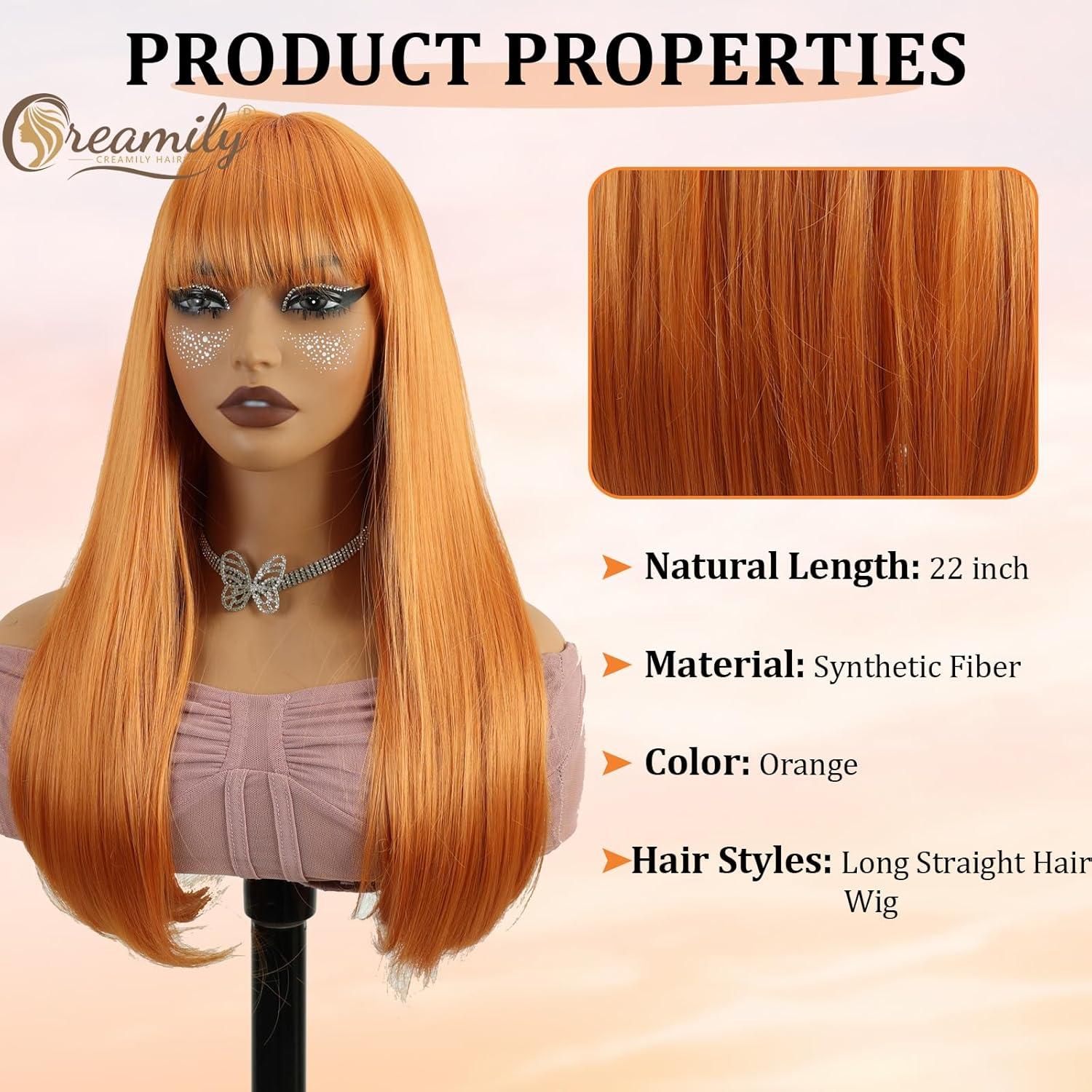 image:imageCreamily Perruques courtes au carr de 25 cm lisses avec frange plate synthtiques colores cosplay fte femmes naturelles comme vrais cheveux bonnet perruque gratuit NoirOrange Longue