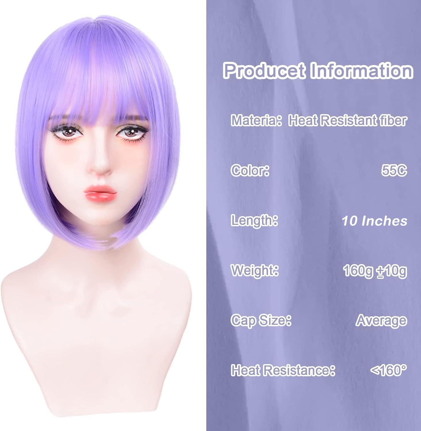 image:imageCreamily Perruques courtes au carr de 25 cm lisses avec frange plate synthtiques colores cosplay fte femmes naturelles comme vrais cheveux bonnet perruque gratuit NoirViolet