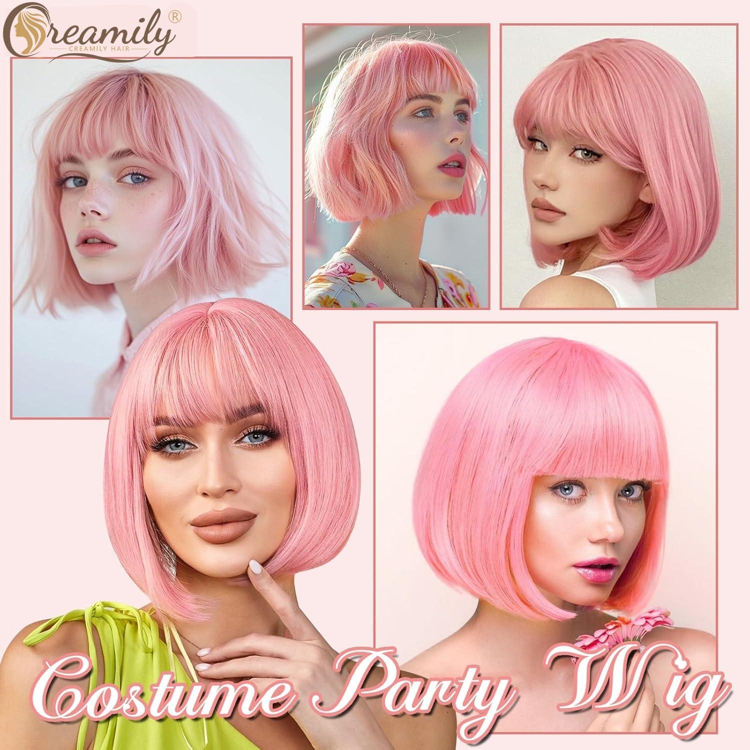 image:imageCreamily Perruques courtes au carr de 25 cm lisses avec frange plate synthtiques colores cosplay fte femmes naturelles comme vrais cheveux bonnet perruque gratuit NoirRose