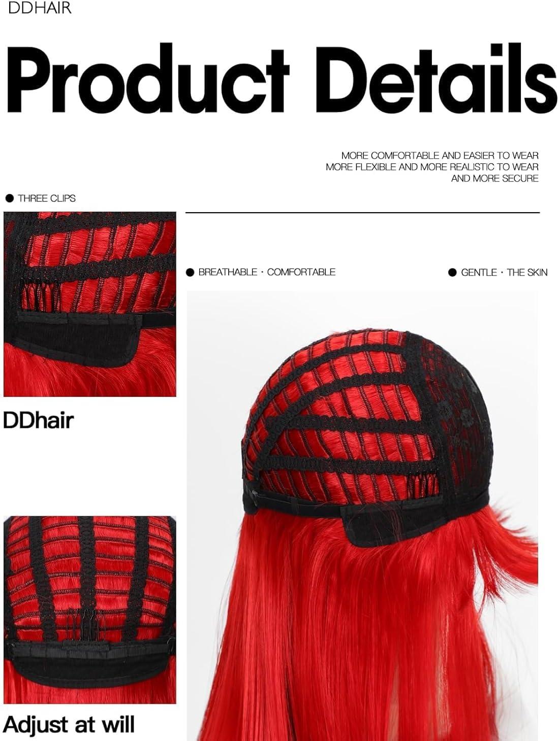 image:imageCreamily Perruques courtes au carr de 25 cm lisses avec frange plate synthtiques colores cosplay fte femmes naturelles comme vrais cheveux bonnet perruque gratuit NoirRouge Longue