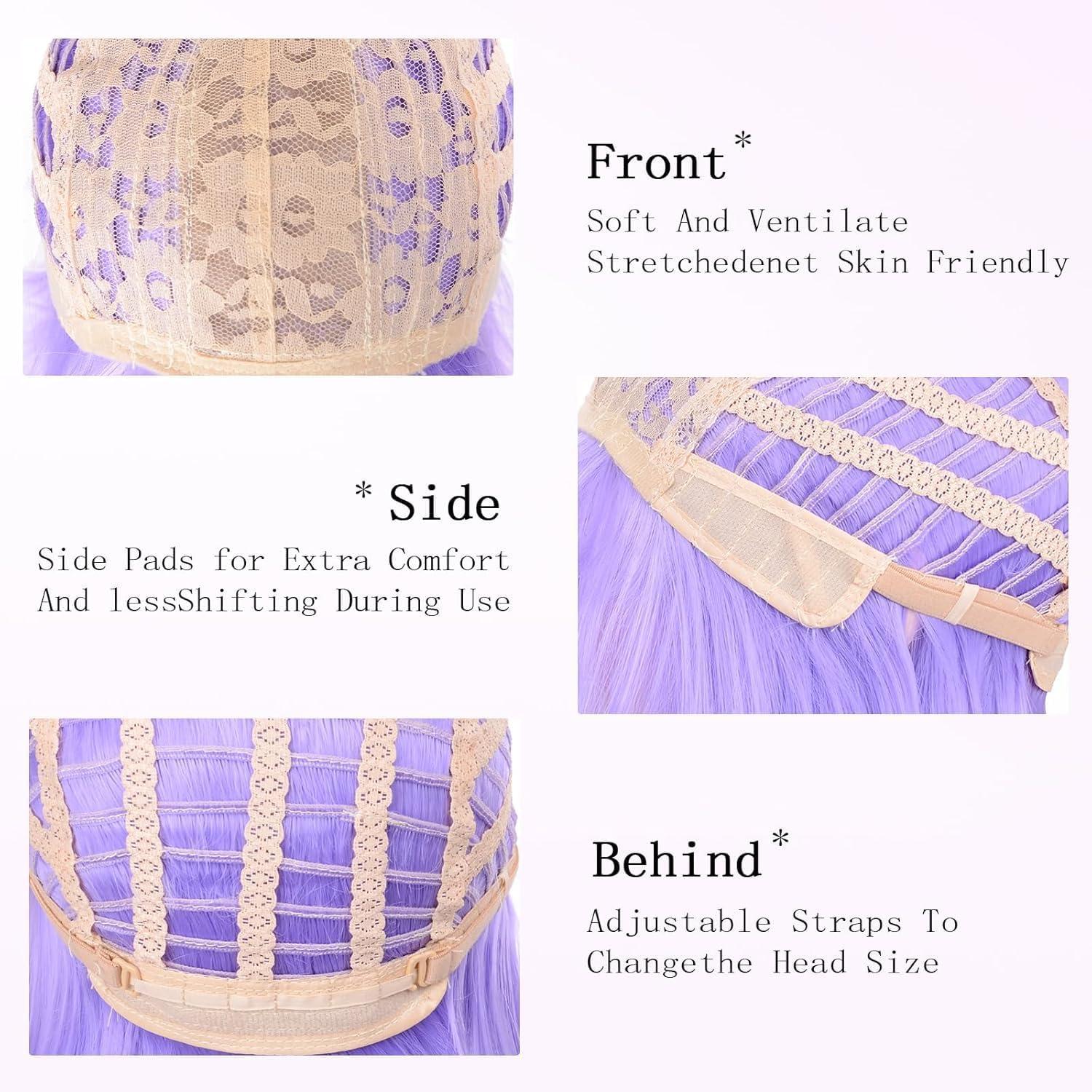 image:imageCreamily Perruques courtes au carr de 25 cm lisses avec frange plate synthtiques colores cosplay fte femmes naturelles comme vrais cheveux bonnet perruque gratuit NoirViolet