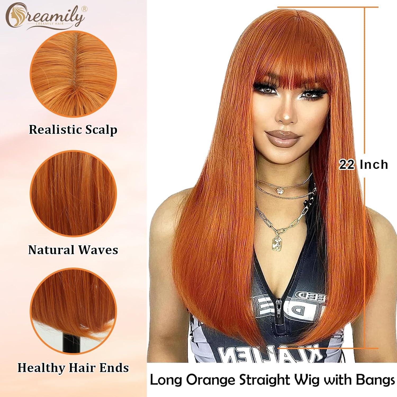 image:imageCreamily Perruques courtes au carr de 25 cm lisses avec frange plate synthtiques colores cosplay fte femmes naturelles comme vrais cheveux bonnet perruque gratuit NoirOrange Longue