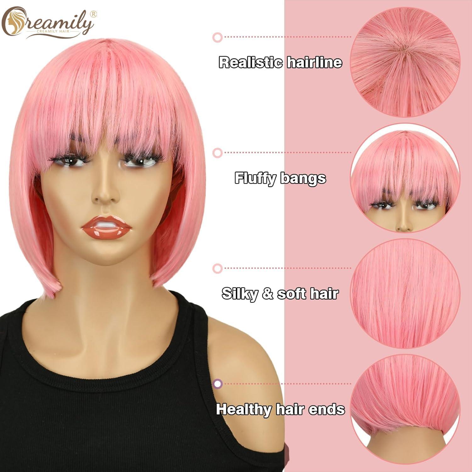 image:imageCreamily Perruques courtes au carr de 25 cm lisses avec frange plate synthtiques colores cosplay fte femmes naturelles comme vrais cheveux bonnet perruque gratuit NoirRose