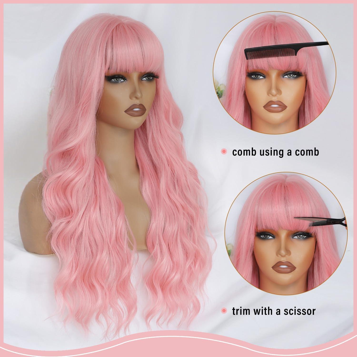 image:imageCreamily Perruques courtes au carr de 25 cm lisses avec frange plate synthtiques colores cosplay fte femmes naturelles comme vrais cheveux bonnet perruque gratuit NoirRose Ondul