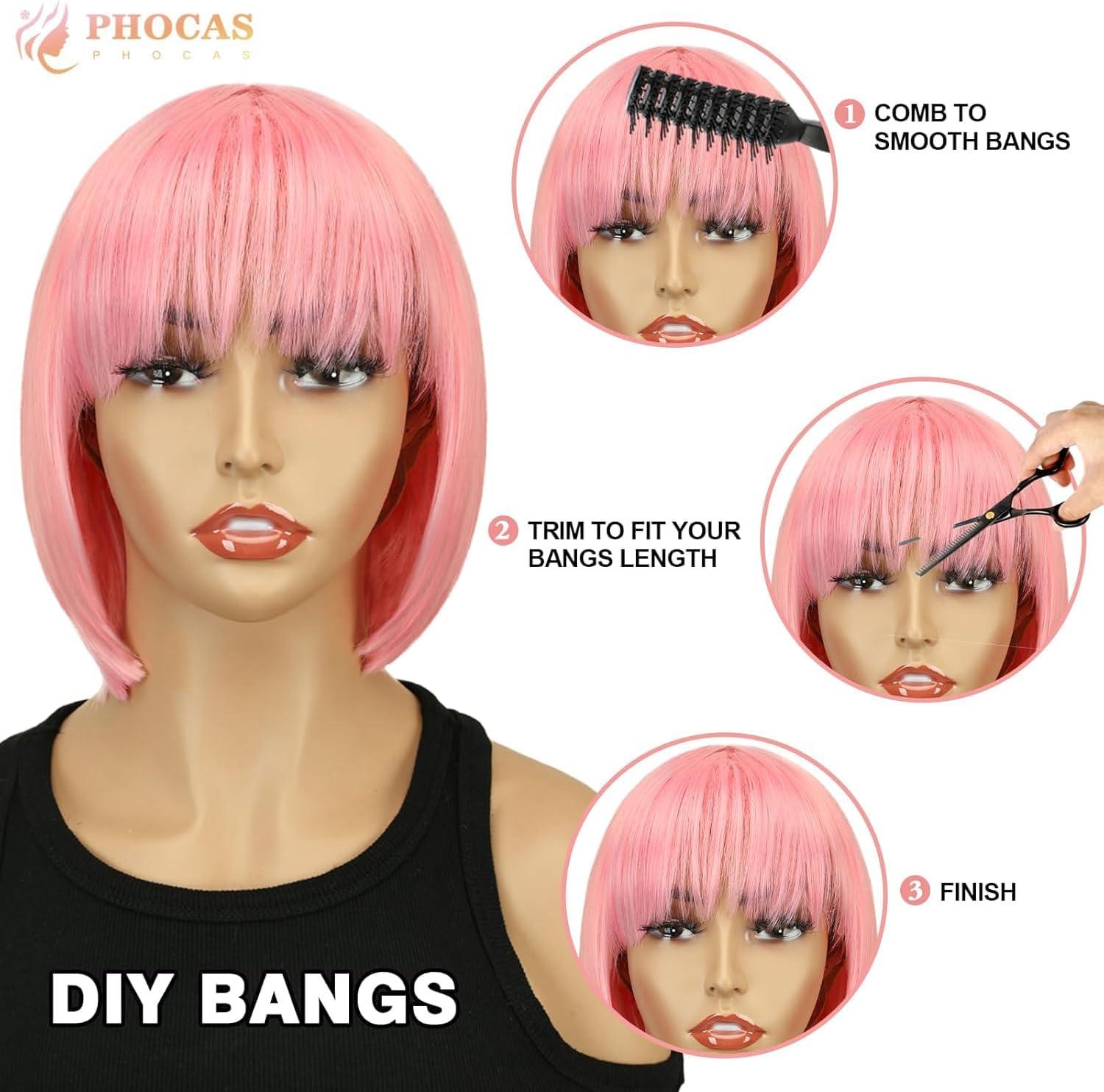 image:imageCreamily Perruques courtes au carr de 25 cm lisses avec frange plate synthtiques colores cosplay fte femmes naturelles comme vrais cheveux bonnet perruque gratuit NoirRose