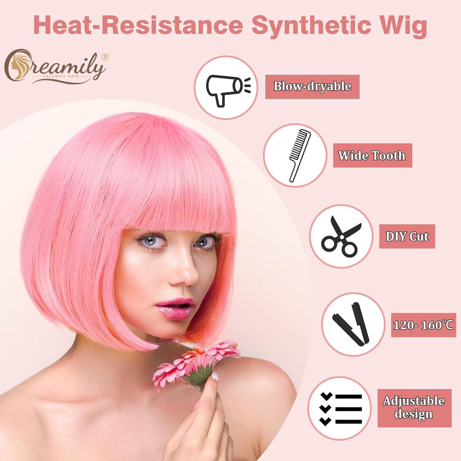 image:imageCreamily Perruques courtes au carr de 25 cm lisses avec frange plate synthtiques colores cosplay fte femmes naturelles comme vrais cheveux bonnet perruque gratuit NoirRose