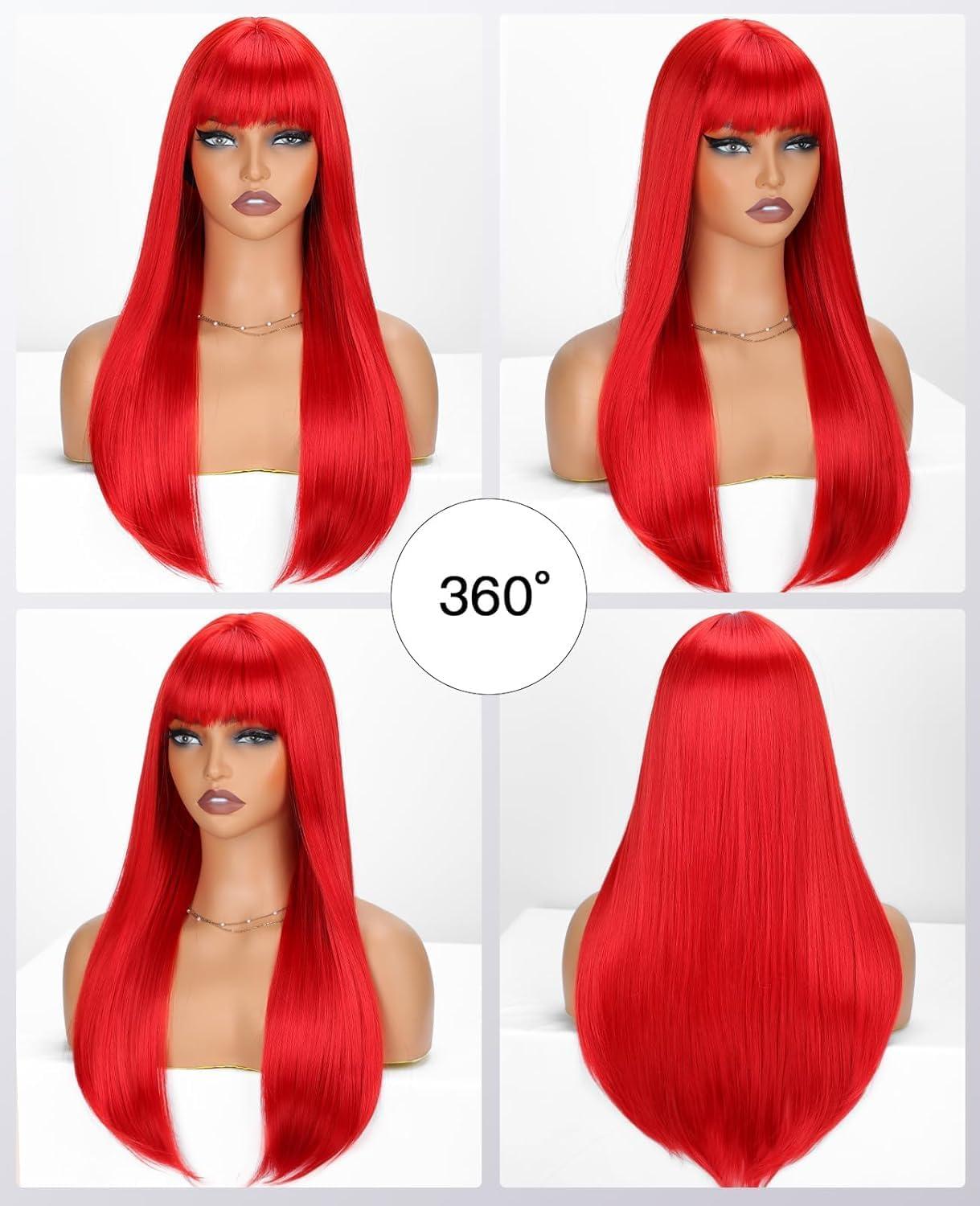 image:imageCreamily Perruques courtes au carr de 25 cm lisses avec frange plate synthtiques colores cosplay fte femmes naturelles comme vrais cheveux bonnet perruque gratuit NoirRouge Longue