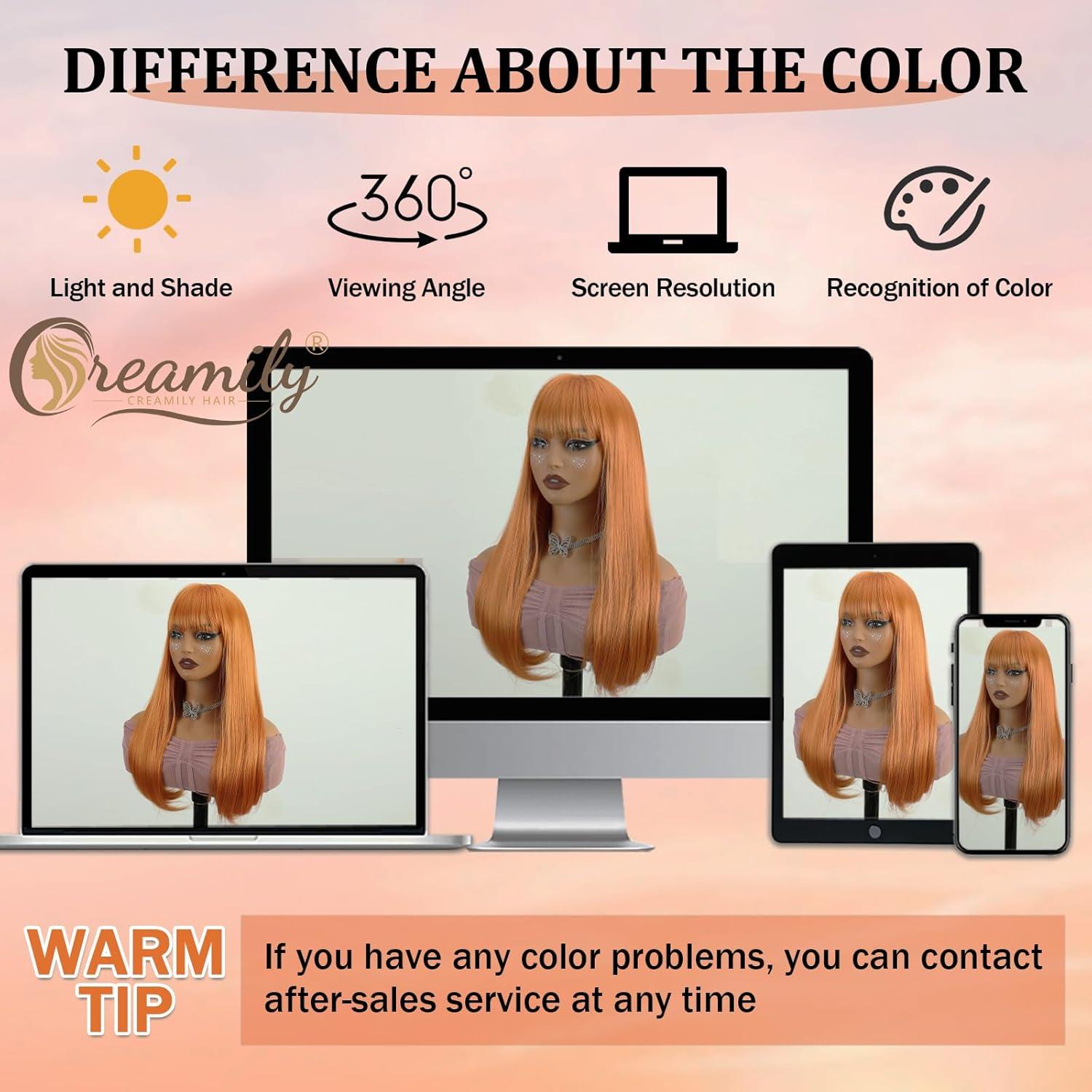image:imageCreamily Perruques courtes au carr de 25 cm lisses avec frange plate synthtiques colores cosplay fte femmes naturelles comme vrais cheveux bonnet perruque gratuit NoirOrange Longue