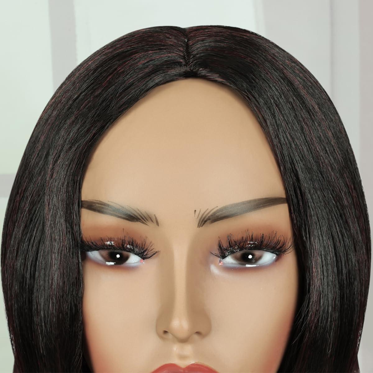 image:imageCreamily Perruques courtes au carr de 25 cm lisses avec frange plate synthtiques colores cosplay fte femmes naturelles comme vrais cheveux bonnet perruque gratuit NoirNoir bordeaux