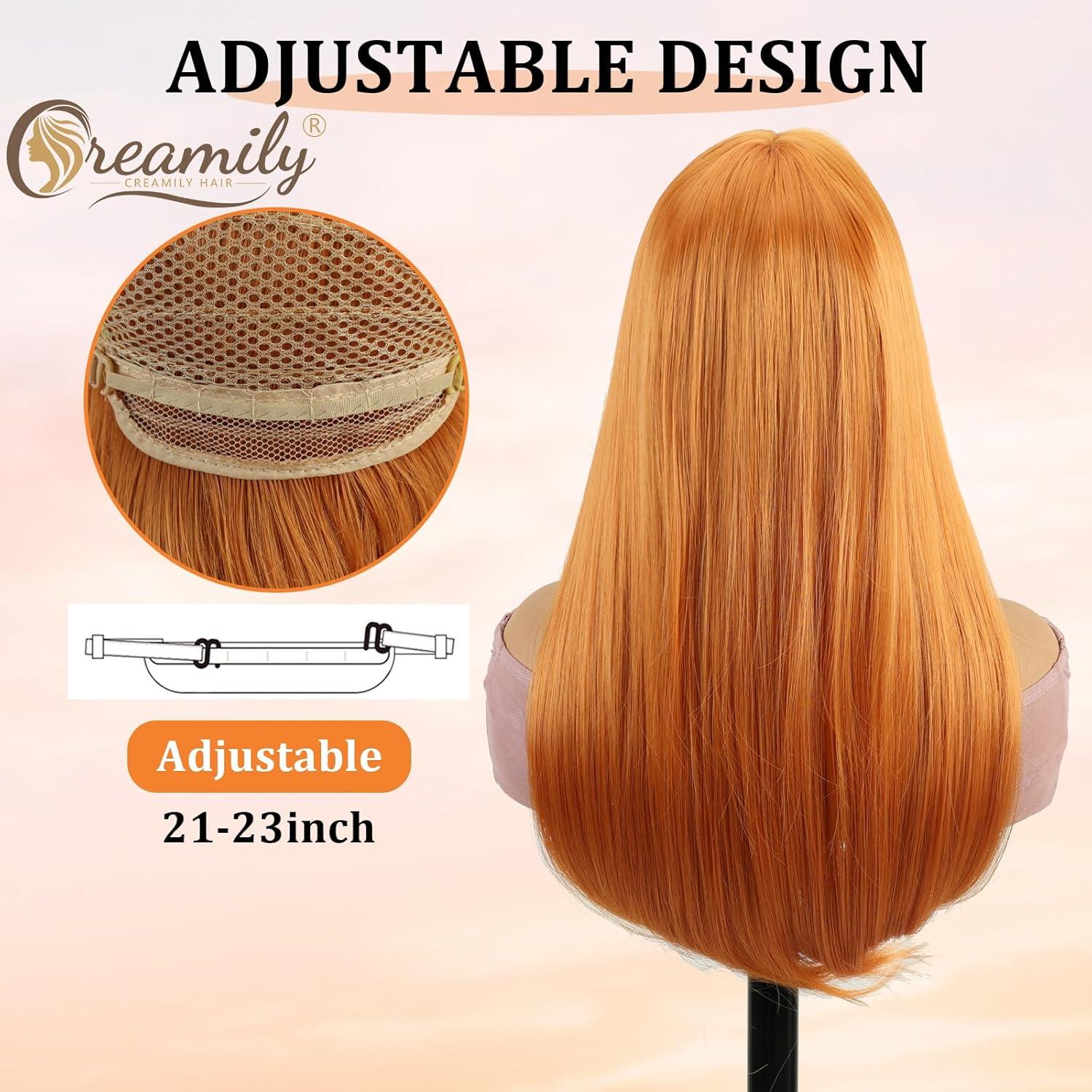 image:imageCreamily Perruques courtes au carr de 25 cm lisses avec frange plate synthtiques colores cosplay fte femmes naturelles comme vrais cheveux bonnet perruque gratuit NoirOrange Longue