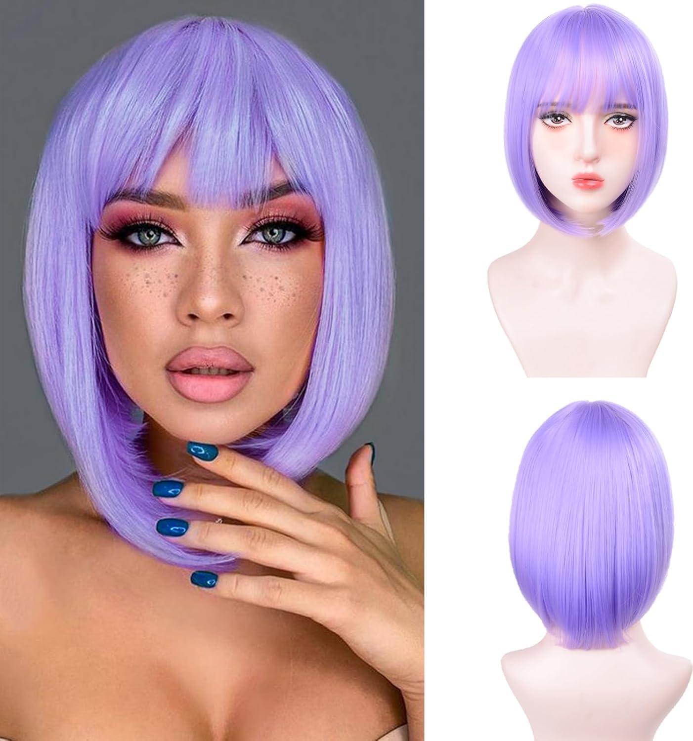image:imageCreamily Perruques courtes au carr de 25 cm lisses avec frange plate synthtiques colores cosplay fte femmes naturelles comme vrais cheveux bonnet perruque gratuit NoirViolet