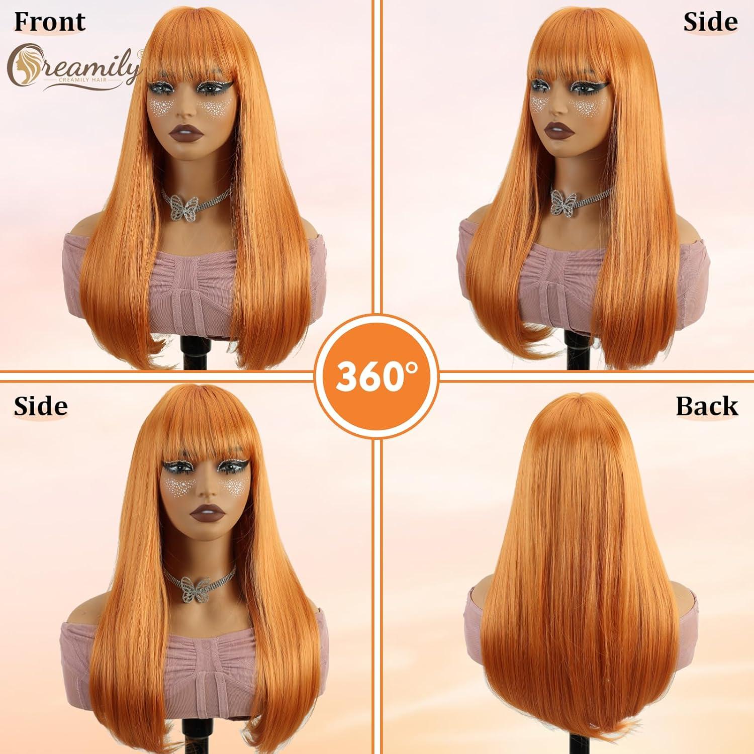 image:imageCreamily Perruques courtes au carr de 25 cm lisses avec frange plate synthtiques colores cosplay fte femmes naturelles comme vrais cheveux bonnet perruque gratuit NoirOrange Longue
