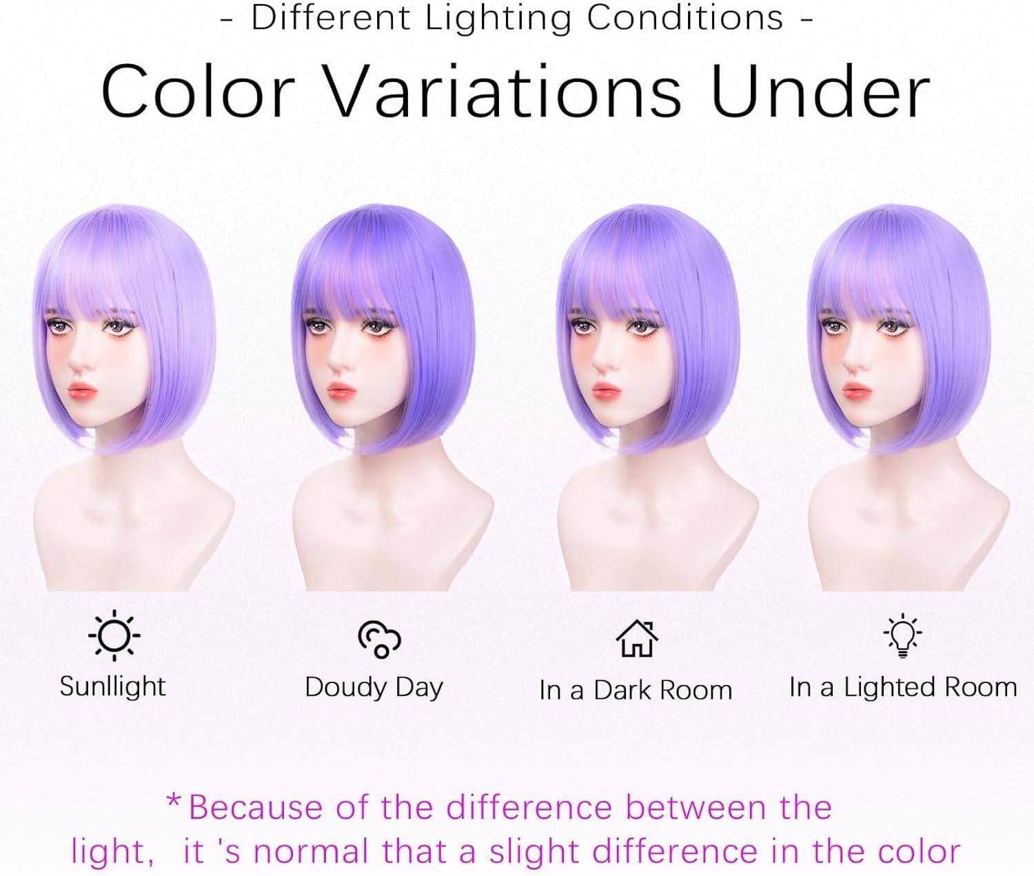 image:imageCreamily Perruques courtes au carr de 25 cm lisses avec frange plate synthtiques colores cosplay fte femmes naturelles comme vrais cheveux bonnet perruque gratuit NoirViolet