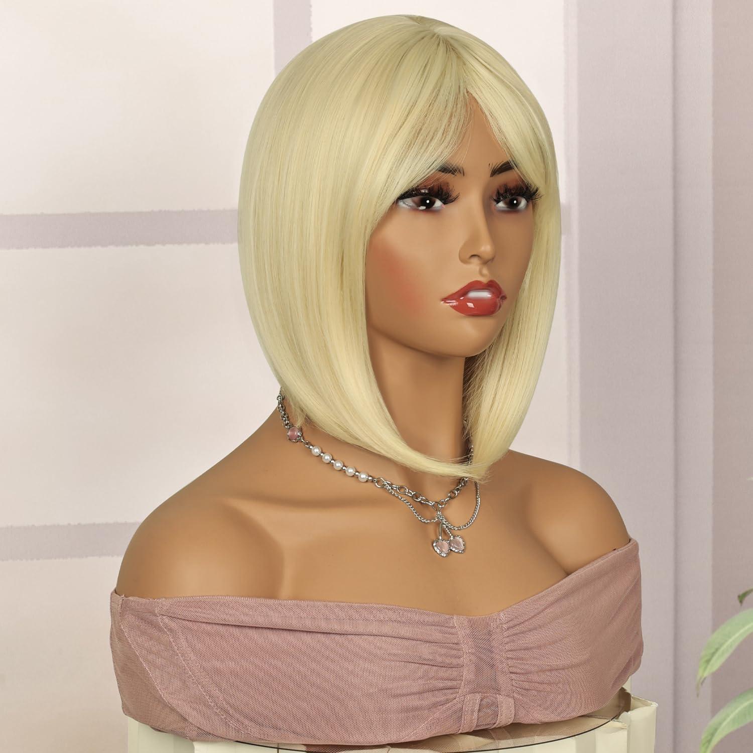 image:imageCreamily Perruques courtes au carr de 25 cm lisses avec frange plate synthtiques colores cosplay fte femmes naturelles comme vrais cheveux bonnet perruque gratuit NoirBlonde